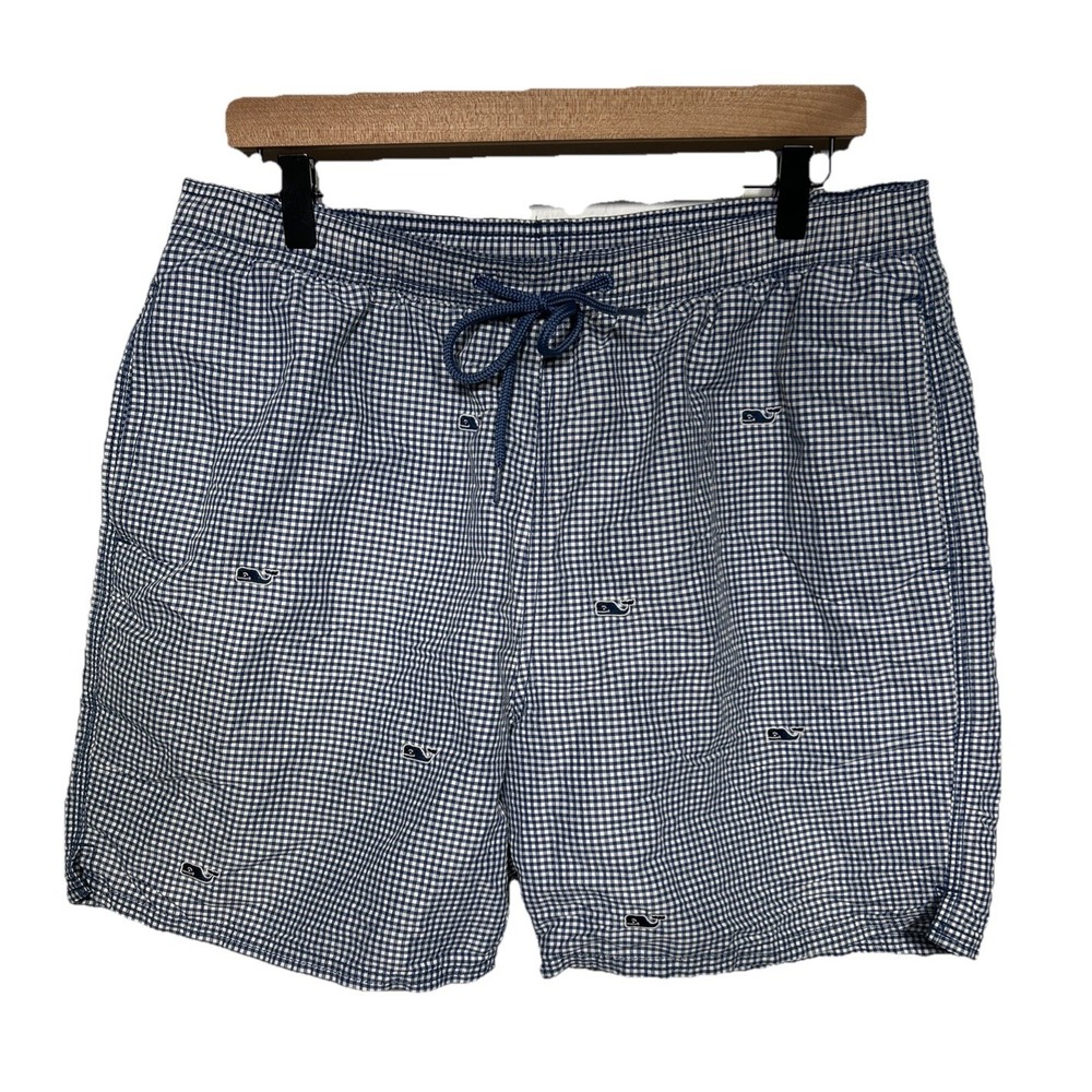 Vineyard‎ Vines Swim Trunks Whale Check Pattern Blue White Men's Size Large EUC